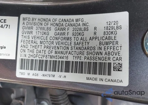 2021 Honda Civic Sport из США, поврежденный, VIN 2HGFC2F87MH534416